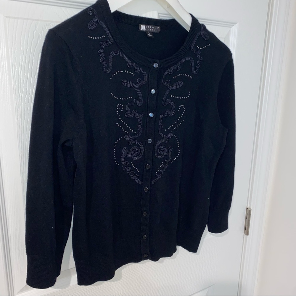 Carole Little Black Cardigan with Embroidered Detail - Petite Large